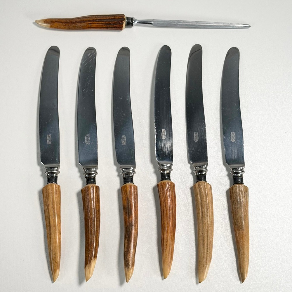 Set of Vintage Latham & Owen Antler Knives with Honing Tool‎ Stainless Sterling